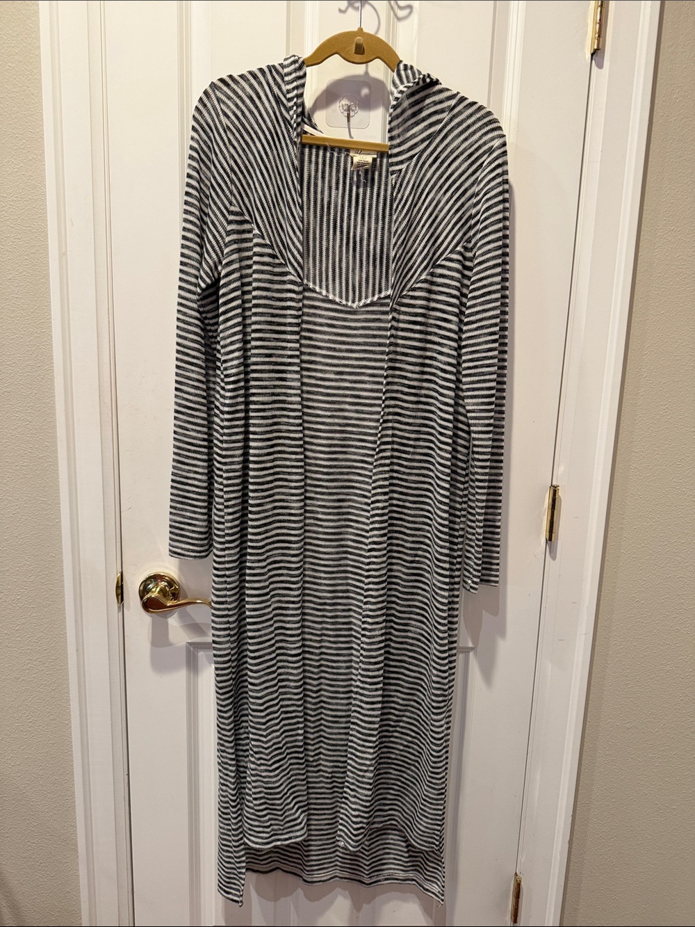 Striped Black and White Hooded Open Front Cardigan